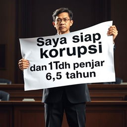 A dramatic scene depicting a confident person holding a large piece of paper that boldly displays the text 'Saya siap korupsi 271T dan dh penjara 6,5 tahun'