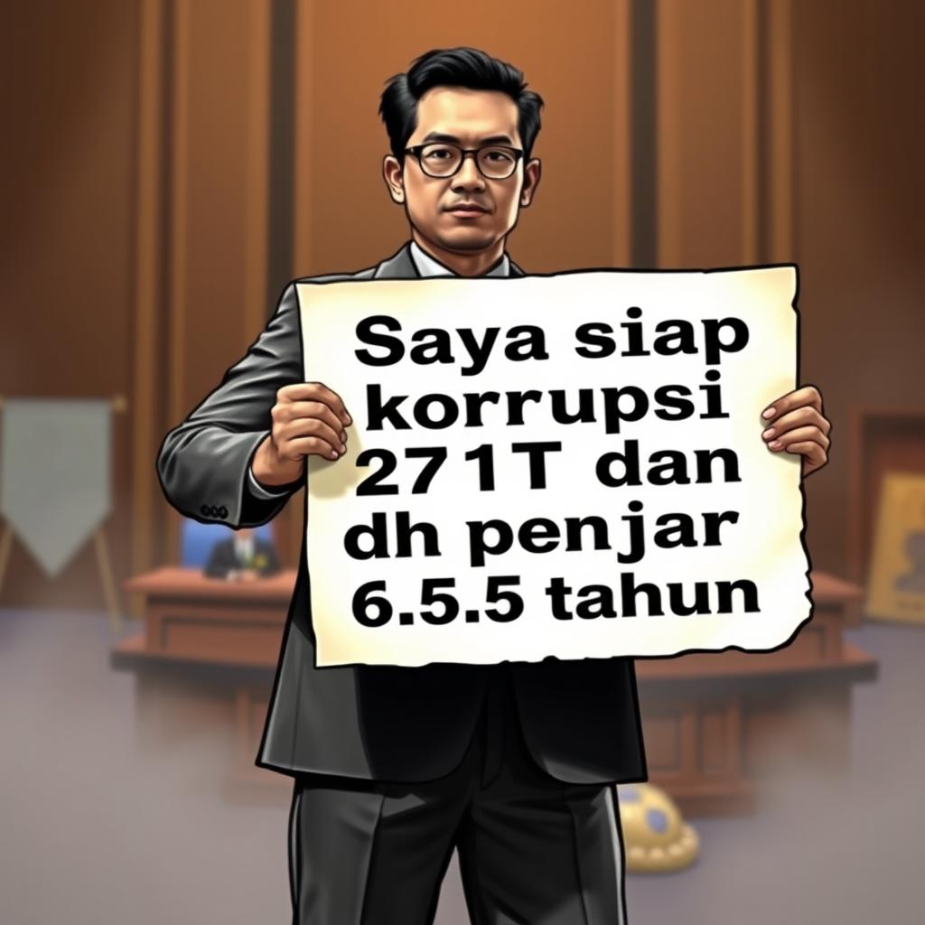 A dramatic scene depicting a confident person holding a large piece of paper that boldly displays the text 'Saya siap korupsi 271T dan dh penjara 6,5 tahun'