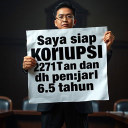 A dramatic scene depicting a confident person holding a large piece of paper that boldly displays the text 'Saya siap korupsi 271T dan dh penjara 6,5 tahun'