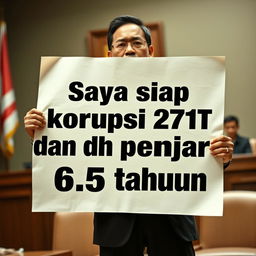 A dramatic scene depicting a confident person holding a large piece of paper that boldly displays the text 'Saya siap korupsi 271T dan dh penjara 6,5 tahun'