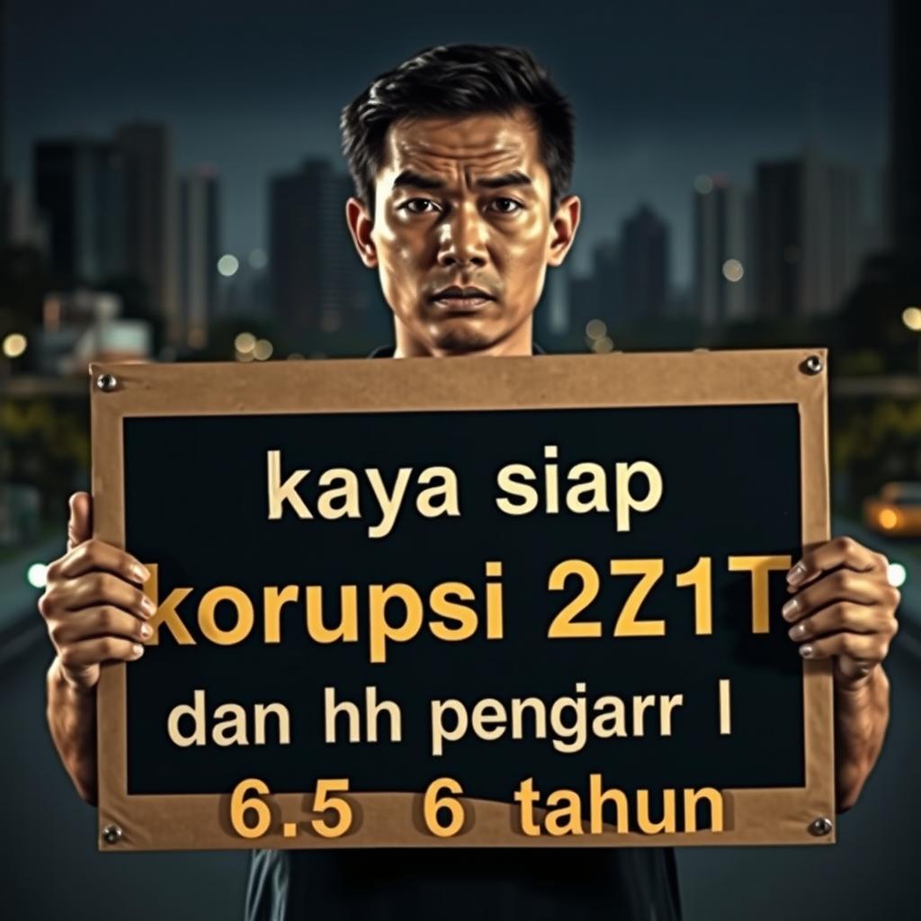 A dramatic scene featuring a person holding a sign that boldly states, "Saya siap korupsi 271T dan dh penjara 6,5 tahun"