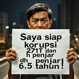 A dramatic scene featuring a person holding a sign that boldly states, "Saya siap korupsi 271T dan dh penjara 6,5 tahun"