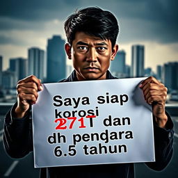 A dramatic scene featuring a person holding a sign that boldly states, "Saya siap korupsi 271T dan dh penjara 6,5 tahun"