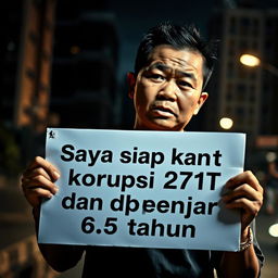 A dramatic scene featuring a person holding a sign that boldly states, "Saya siap korupsi 271T dan dh penjara 6,5 tahun"