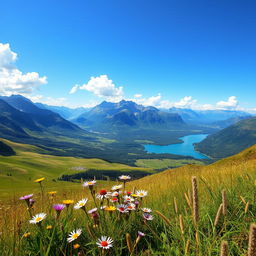 A breathtaking landscape featuring majestic mountains in the background, surrounded by lush green valleys and sparkling blue lakes