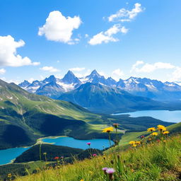 A breathtaking landscape featuring majestic mountains in the background, surrounded by lush green valleys and sparkling blue lakes