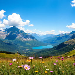A breathtaking landscape featuring majestic mountains in the background, surrounded by lush green valleys and sparkling blue lakes