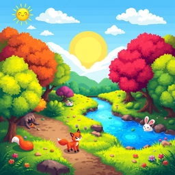 A vibrant 16x16 pixel art scene featuring a cute fantasy landscape with colorful trees, a bright sun in the sky, playful animals like a small fox and a rabbit, and a tranquil river running through the center