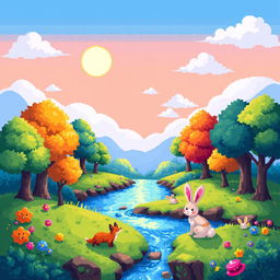 A vibrant 16x16 pixel art scene featuring a cute fantasy landscape with colorful trees, a bright sun in the sky, playful animals like a small fox and a rabbit, and a tranquil river running through the center