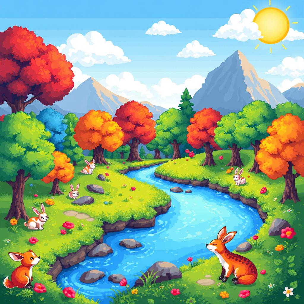 A vibrant 16x16 pixel art scene featuring a cute fantasy landscape with colorful trees, a bright sun in the sky, playful animals like a small fox and a rabbit, and a tranquil river running through the center