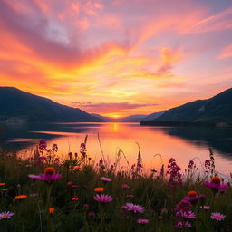 A beautiful scenic landscape capturing a serene sunset over a tranquil lake surrounded by lush green mountains