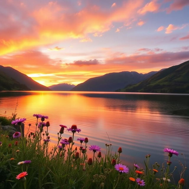 A beautiful scenic landscape capturing a serene sunset over a tranquil lake surrounded by lush green mountains