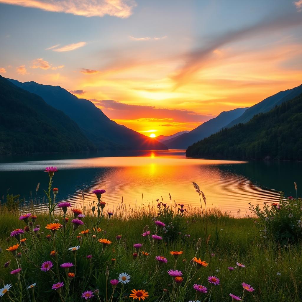 A beautiful scenic landscape capturing a serene sunset over a tranquil lake surrounded by lush green mountains