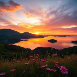 A beautiful scenic landscape capturing a serene sunset over a tranquil lake surrounded by lush green mountains