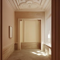 Generate a neoclassical style room with short, uniquely shaped walls and a single, small window.