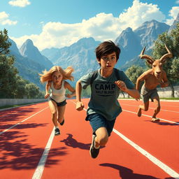 A vibrant scene of a race track reminiscent of ancient Greek games, featuring Percy Jackson and his friends
