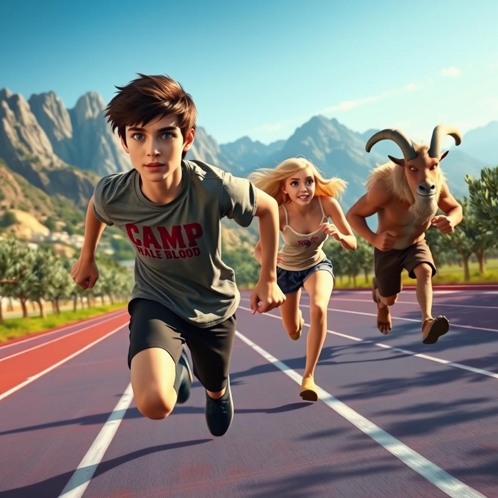 A vibrant scene of a race track reminiscent of ancient Greek games, featuring Percy Jackson and his friends