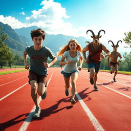 A vibrant scene of a race track reminiscent of ancient Greek games, featuring Percy Jackson and his friends