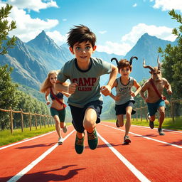 A vibrant scene of a race track reminiscent of ancient Greek games, featuring Percy Jackson and his friends