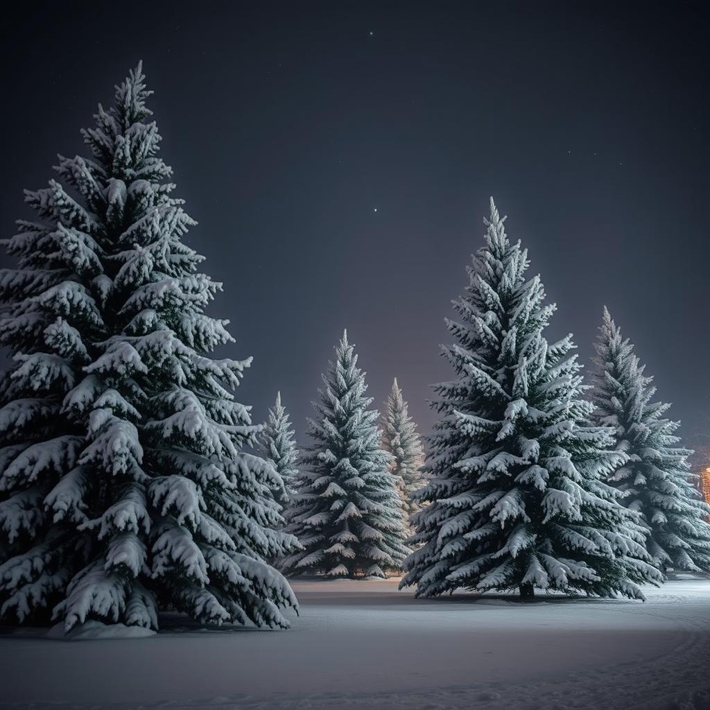 A serene winter night scene featuring large Christmas trees adorned with snow on their branches, surrounded by soft white snow covering the ground