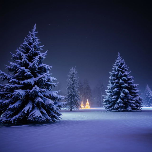 A serene winter night scene featuring large Christmas trees adorned with snow on their branches, surrounded by soft white snow covering the ground