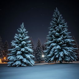 A serene winter night scene featuring large Christmas trees adorned with snow on their branches, surrounded by soft white snow covering the ground