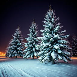A serene winter night scene featuring large Christmas trees adorned with snow on their branches, surrounded by soft white snow covering the ground