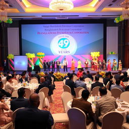 A grand celebration scene featuring the 49th Foundation Ceremony of Bangladesh Petroleum Corporation