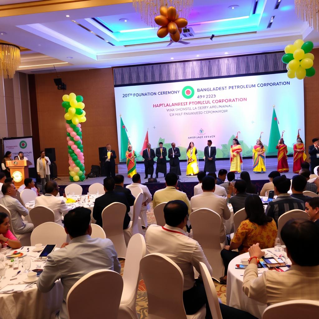 A grand celebration scene featuring the 49th Foundation Ceremony of Bangladesh Petroleum Corporation