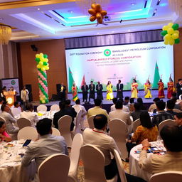 A grand celebration scene featuring the 49th Foundation Ceremony of Bangladesh Petroleum Corporation