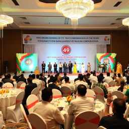 A grand celebration scene featuring the 49th Foundation Ceremony of Bangladesh Petroleum Corporation