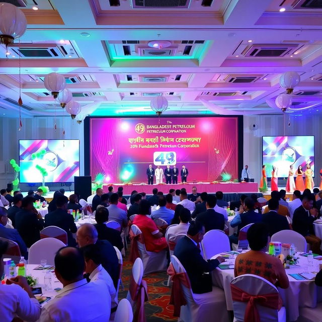 A grand celebration scene featuring the 49th Foundation Ceremony of Bangladesh Petroleum Corporation