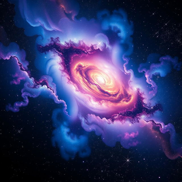 A stunning and colorful depiction of an astronomical scene resembling the Milky Way galaxy, featuring swirling clouds of vibrant gas and dust in shades of blue, purple, pink, and white, with countless sparkling stars scattered throughout the composition