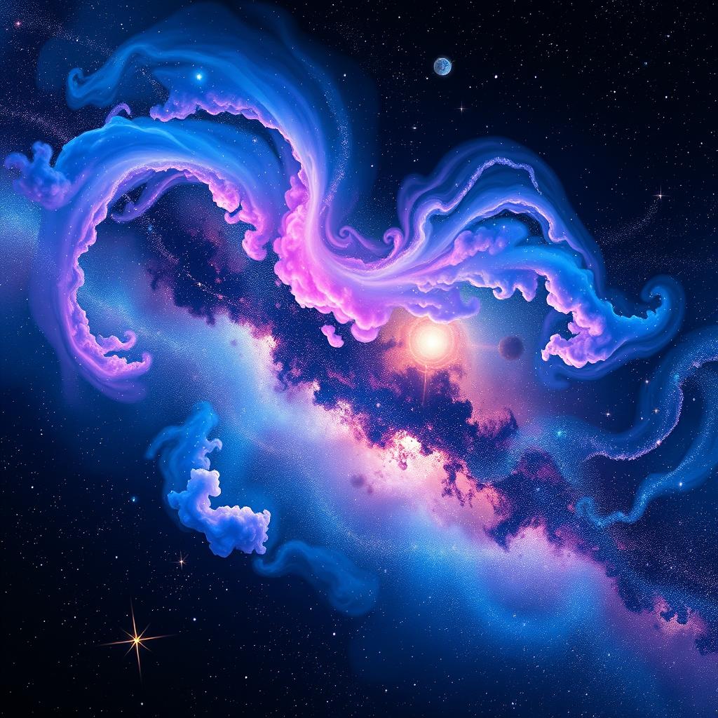 A stunning and colorful depiction of an astronomical scene resembling the Milky Way galaxy, featuring swirling clouds of vibrant gas and dust in shades of blue, purple, pink, and white, with countless sparkling stars scattered throughout the composition