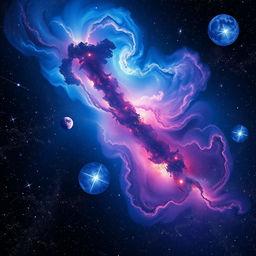 A stunning and colorful depiction of an astronomical scene resembling the Milky Way galaxy, featuring swirling clouds of vibrant gas and dust in shades of blue, purple, pink, and white, with countless sparkling stars scattered throughout the composition