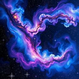 A stunning and colorful depiction of an astronomical scene resembling the Milky Way galaxy, featuring swirling clouds of vibrant gas and dust in shades of blue, purple, pink, and white, with countless sparkling stars scattered throughout the composition