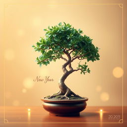A beautiful and artistic New Year's greeting card design featuring a stunning bonsai tree at the center
