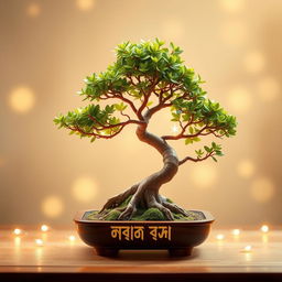 A beautiful and artistic New Year's greeting card design featuring a stunning bonsai tree at the center