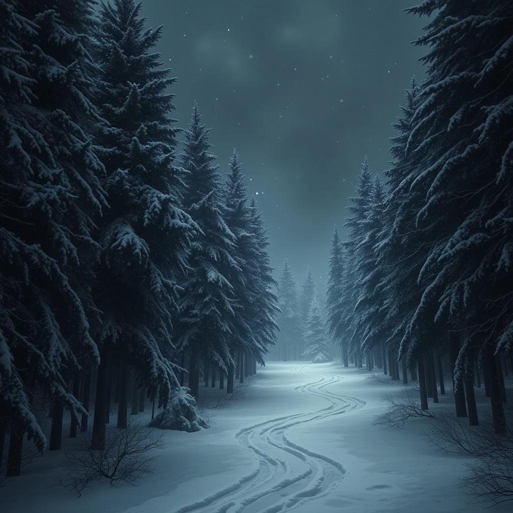 A serene winter night scene featuring a snowy forest with tall evergreen trees