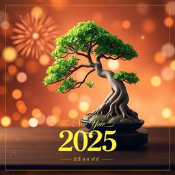 A vibrant and elegant Happy New Year 2025 greeting card design for the Bonsai Group, featuring a beautifully crafted bonsai tree as the focal point