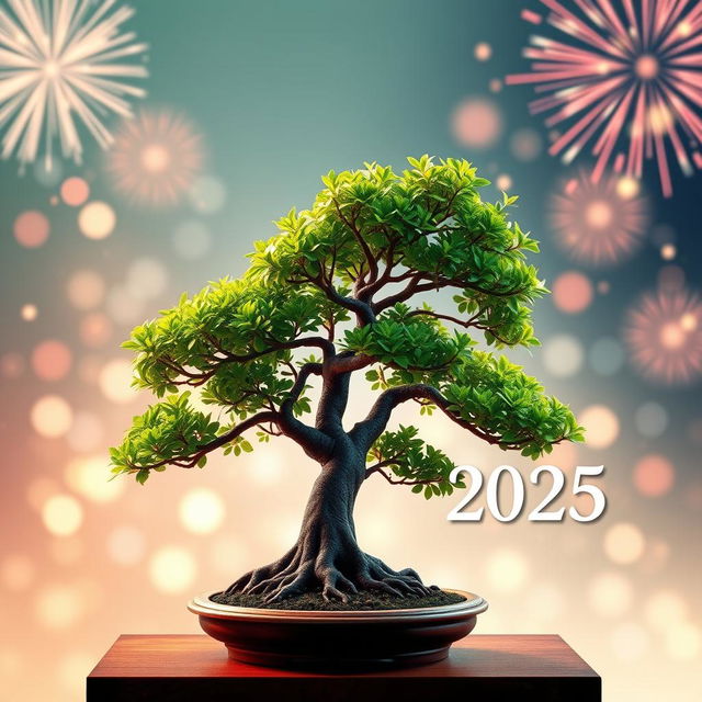 A vibrant and elegant Happy New Year 2025 greeting card design for the Bonsai Group, featuring a beautifully crafted bonsai tree as the focal point