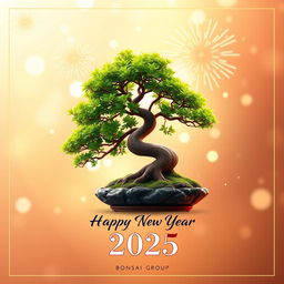 A vibrant and elegant Happy New Year 2025 greeting card design for the Bonsai Group, featuring a beautifully crafted bonsai tree as the focal point