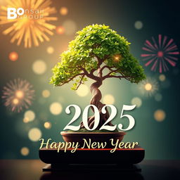 A vibrant and elegant Happy New Year 2025 greeting card design for the Bonsai Group, featuring a beautifully crafted bonsai tree as the focal point