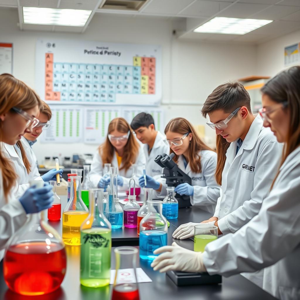 A group of university students actively engaged in a chemistry laboratory, wearing lab coats and safety goggles