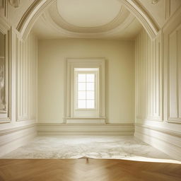 Generate a neoclassical style room with short, uniquely shaped walls and a single, small window.