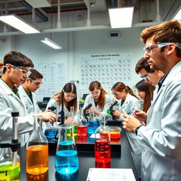 A group of university students actively engaged in a chemistry laboratory, wearing lab coats and safety goggles