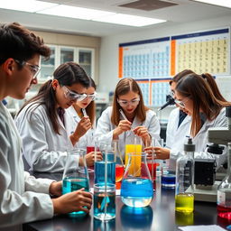 A group of university students actively engaged in a chemistry laboratory, wearing lab coats and safety goggles
