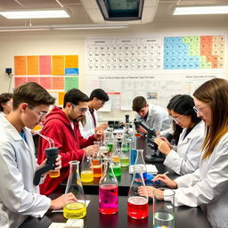 A group of university students actively engaged in a chemistry laboratory, wearing lab coats and safety goggles