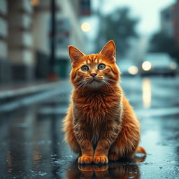A vibrant red cat sitting in the rain, droplets glistening on its fur, with an expressive face showing curiosity