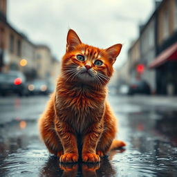 A vibrant red cat sitting in the rain, droplets glistening on its fur, with an expressive face showing curiosity